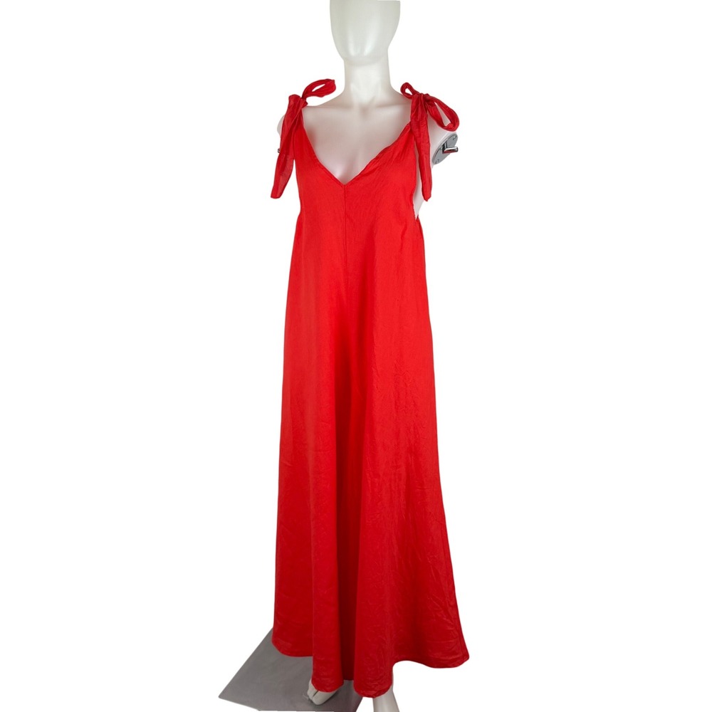 Azucar Red 100% Linen Wide Leg Jumpsuit Tie Shoulder Straps Womens Size SM